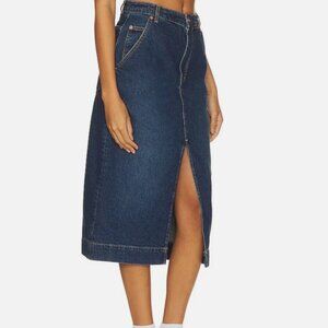 New We The Free Medium Wash Front Slit Wild Roses Midi Denim Skirt size 31